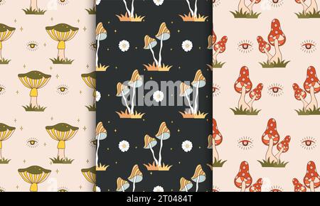 Collezione di motivi con funghi ruvidi. Sfondi vintage astratti. Illustrazione vettoriale hippie in stile cartone animato piatto. Funghi psichedelici Illustrazione Vettoriale