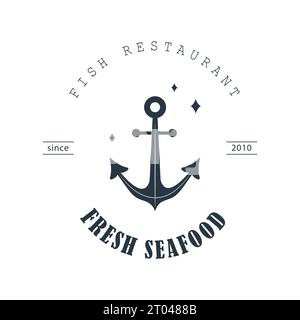 Logo di pesce fresco. Adesivo vintage con icona di ancoraggio. Negozio di prodotti marini. Modello vettoriale per ristorante di pesce su sfondo bianco Illustrazione Vettoriale