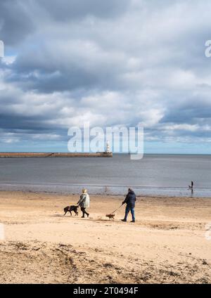 Coppia di cani che camminano sulla spiaggia di Roker sotto un cielo tempestoso, Roker, Sunderland, Inghilterra, Regno Unito Foto Stock