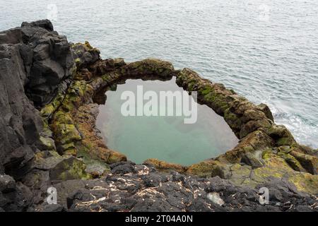 La piscina di roccia lavica di Brimketill in Islanda Foto Stock