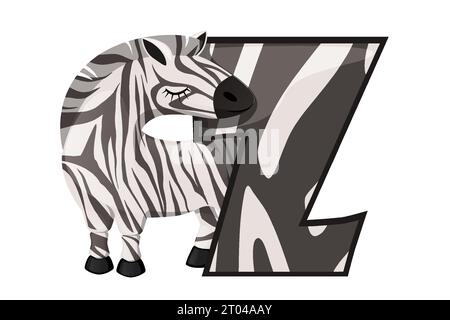 Lettera Z e una simpatica zebra di cartoni animati. Bambini alfabeto inglese. È adatto per la progettazione di cartoline, libri, opuscoli e striscioni Illustrazione Vettoriale