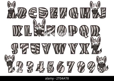Alfabeto in stile zebra, lettere e numeri in bianco e nero Illustrazione Vettoriale