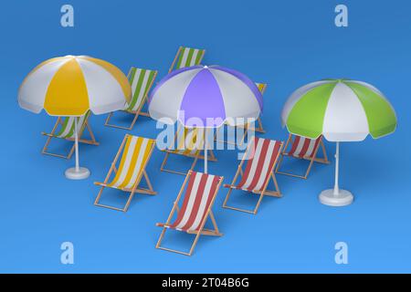 Sdraio con ombrellone di fila su sfondo blu. Concetto di rendering 3D delle vacanze estive Foto Stock