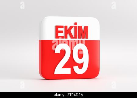 29 ottobre giorno della Repubblica della Turchia. Pagina del calendario di ottobre 29 su sfondo bianco. Rendering 3D. Foto Stock
