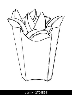 Patatine fritte a spicchi in scatola, disegno di contorno disegnato a mano. Illustrazione vettoriale Illustrazione Vettoriale
