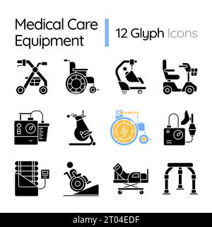 Pacchetto icone 2D silhouette per apparecchiature mediche Illustrazione Vettoriale