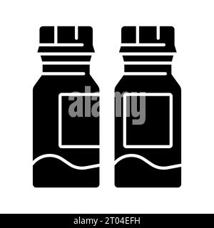 Icona del flacone di pillola nera in stile glifo semplice 2D. Illustrazione Vettoriale