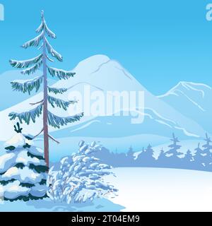 Scena verticale con caduta di neve. Alberi innevati, abeti sullo sfondo di foreste e montagne. Illustrazione vettoriale. Scena natalizia. Illustrazione Vettoriale