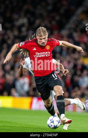 Manchester, Regno Unito. 3 ottobre 2023. Old Trafford MANCHESTER, INGHILTERRA - 3 OTTOBRE: Rasmus Højlund in azione durante la fase A del girone A della UEFA Champions League tra Manchester United e Galatasaray all'Old Trafford il 3 ottobre 2023 a Manchester, Inghilterra. (Foto di Richard Callis/SPP) (SPP) credito: SPP Sport Press Photo. /Alamy Live News Foto Stock