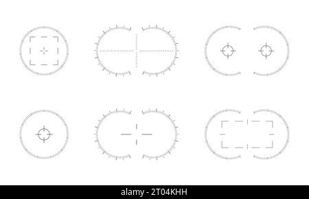 Set di scale mirino di binoculari, monoculari, telescopi, periscopi. Grafici della distanza isolati su sfondo bianco. Progettazione grafica del punto di vista dello schermo digitale. Illustrazione vettoriale Illustrazione Vettoriale