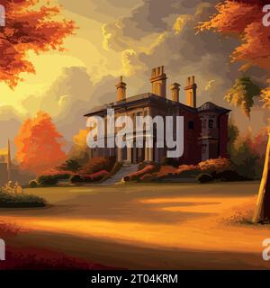 Il vecchio castello di Scotney, la torre, la casa, il cancello e il parco circostante sono in un giorno autunnale. Castello di campagna inglese, illustrazione vettoriale Illustrazione Vettoriale