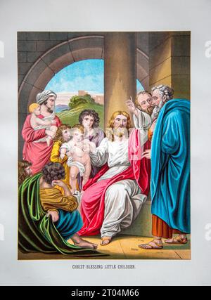 Illustrazione della storia della Bibbia vittoriana del XIX secolo in cromo-litografia, Gesù Cristo benedice i bambini piccoli Foto Stock