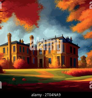 Il vecchio castello di Scotney, la torre, la casa, il cancello e il parco circostante sono in un giorno autunnale. Castello di campagna inglese, illustrazione vettoriale Illustrazione Vettoriale