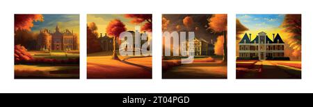 Un incredibile paesaggio di prati, alberi di arancio sulla collina e castello solitario sotto il sole in una calda giornata autunnale. illustrazione vettoriale Illustrazione Vettoriale