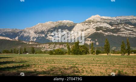 Guardando ad ovest attraverso i campi dalla città di Varces-Allières-et-Risset, Isere, Francia, verso le montagne del Parc Naturel Régional du Vercors (Verco Foto Stock