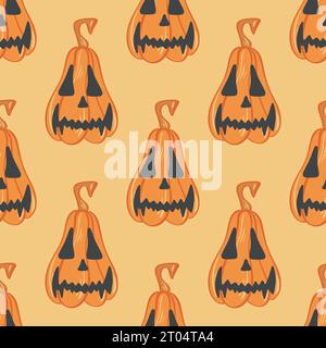 Simpatico personaggio di zucca con motivo senza cuciture per Halloween. Sfondo arancione autunnale con zucca. Stampa colorata per tessuti, carta, imballaggi e design Illustrazione Vettoriale