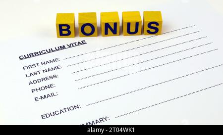 Curriculum Vitae un curriculum vitae vuoto forma Un curriculum vitae vuoto con BONUS scritto. Foto Stock