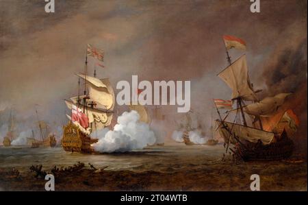 Una battaglia della terza guerra anglo-olandese, probabilmente HMS London nella battaglia di Texel, agosto 1673, dipinto ad olio su tela di Willem van de Velde il giovane, intorno al 1700 Foto Stock