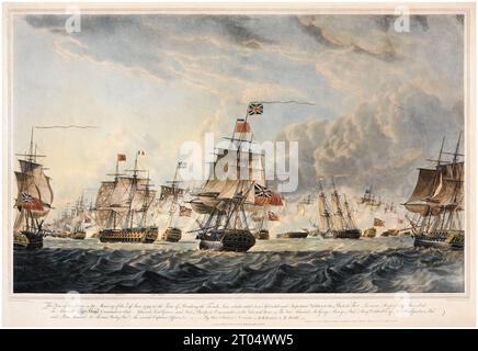 Howe's Victory Off Ushant, 'The Glorious First of June' (1st June 1794) conosciuto anche come la 'quarta battaglia di Ushant', stampa acquatinta da un acquerello dipinto di Robert Dodd, 1795 Foto Stock