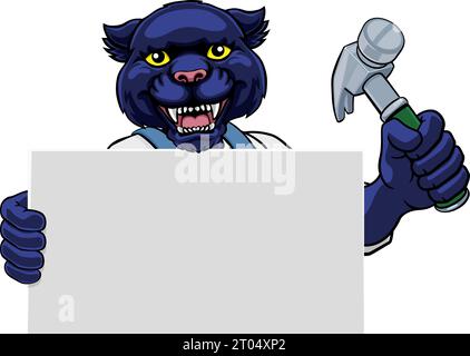 Panther Hammer Cartoon Mascotte Handyman Carpenter Illustrazione Vettoriale