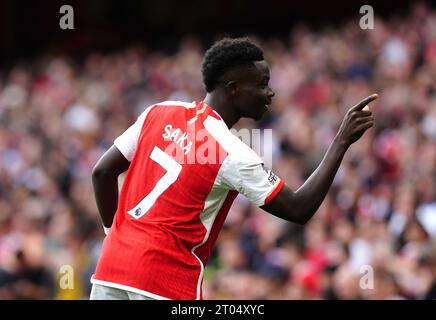 Foto del file datata 24-09-2023 di Bukayo Saka dell'Arsenal. Il boss Gareth Southgate suderà sul fitness di Bukayo Saka prima di nominare la sua squadra inglese per affrontare l'Australia e l'Italia giovedì. Data di emissione: Mercoledì 4 ottobre 2023. Foto Stock