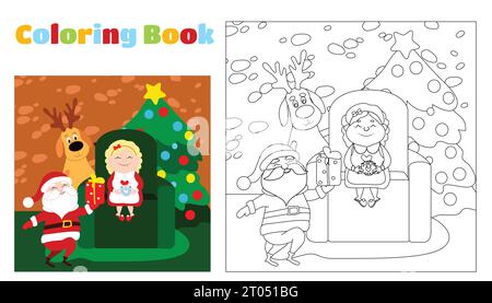 Pagina di colorazione natalizia la signora Babbo Natale è seduta su una sedia con una tazza di bevanda calda. Vicino a lei ci sono un cervo e Babbo Natale. Illustrazione Vettoriale