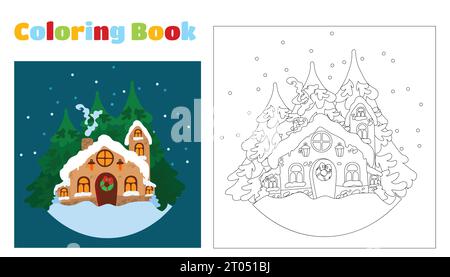 Libro da colorare natalizio per bambini e adulti. Casa coperta di neve di Babbo Natale. Scena natalizia in stile piatto da cartoni animati. Una sensazione di vacanza e di compagnia Illustrazione Vettoriale