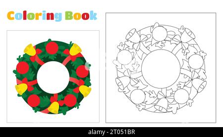 Libro da colorare natalizio per bambini e adulti. Corona natalizia con campane e nastri. Illustrazione natalizia in stile cartone animato. Illustrazione Vettoriale