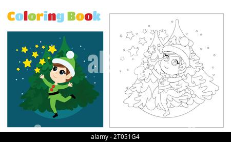 Colorazione natalizia per bambini. Un piccolo elfo carino corre e disperde le stelle. Il bambino è felice e sorridente. Il ragazzo indossa abiti da elfo verde. Illustrazione Vettoriale