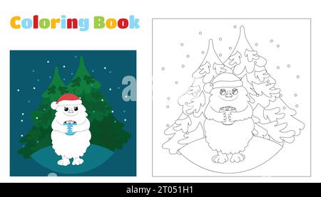 Libro da colorare natalizio per bambini e adulti. Un piccolo pupazzo di neve bianco si erge sullo sfondo degli alberi di Natale. Illustrazione Vettoriale