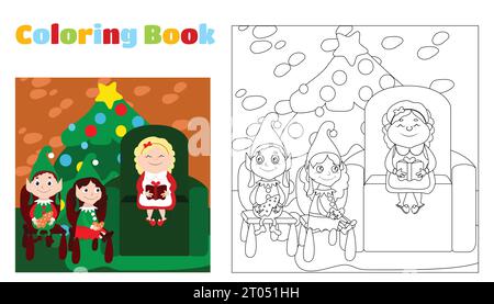 Colorazione natalizia. La signora Babbo Natale e i piccoli elfi sono seduti vicino all'albero di Natale. La signora Santa sta leggendo un libro agli elfi. Illustrazione Vettoriale