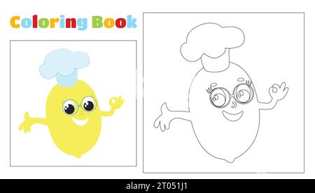 Il limone da colorare per bambini con il cappello dello chef sorride. Pagina da colorare per bambini di 4-8 anni all'asilo e alla scuola elementare. Illustrazione Vettoriale