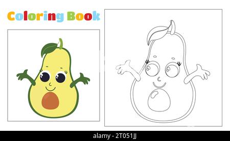 Adorabile avocado sorridente da colorare per bambini. Pagina da colorare per bambini di età compresa tra i 4-8 anni nelle asili e nelle scuole elementari. Illustrazione Vettoriale