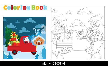 Libro da colorare natalizio per bambini e adulti. Babbo Natale corre e cavalca su un camion con renne. Scena natalizia in stile piatto da cartoni animati. Illustrazione Vettoriale
