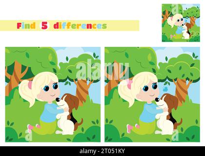 Trova le differenze. Una ragazza e un cane giocano nel parco in natura. Un gioco educativo per i bambini delle scuole elementari o dell'asilo. Illustrazione Vettoriale