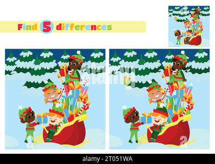 Trova le differenze. Elfi vicino alla slitta di Babbo Natale. Il trasporto natalizio è pieno di regali. I bambini sono felici e felici. Illustratore delle feste Illustrazione Vettoriale