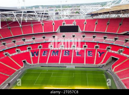 Foto del file datata 23-05-2017 di una vista aerea dello stadio di Wembley, Londra. Si prevede che lo stadio nazionale inglese ospiterà la finale, essendo stato anche il luogo della finale di Euro 96 e del decisivo scontro tra Inghilterra e Italia a Euro 2020. Data di emissione: Mercoledì 4 ottobre 2023. Foto Stock