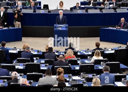 Strasburk, Francia. 4 ottobre 2023. Il Presidente Petr Pavel tiene un discorso nella sessione plenaria del Parlamento europeo a Strasburgo, in Francia, il 4 ottobre 2023. Crediti: Katerina Sulova/CTK Photo/Alamy Live News Foto Stock