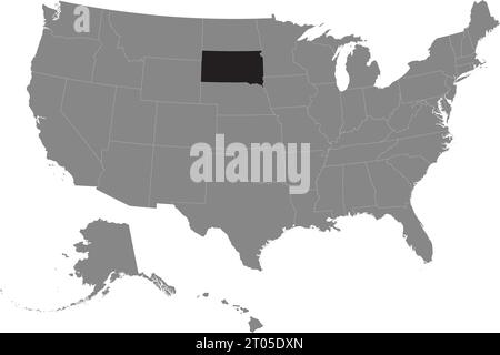 Mappa federale CMYK nera del SOUTH DAKOTA all'interno di una mappa politica grigia dettagliata degli Stati Uniti d'America su sfondo trasparente Illustrazione Vettoriale