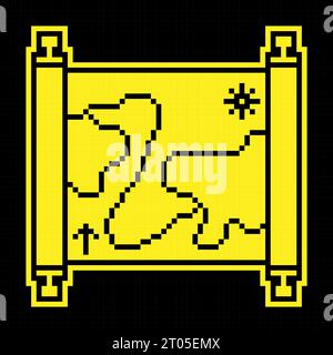 Vecchia mappa icona Pixel silhouette (silhouette pixel). Carta di papiro arrotolata. Lettere medievali e mappe dei tesori dei pirati. Vettore semplice nero e giallo Illustrazione Vettoriale