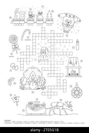 Puzzle crossword. Tema natalizio. Pagina gioco e colorazione. Lingua francese. Illustrazione vettoriale. Illustrazione Vettoriale