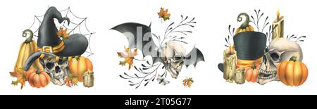 Teschi umani in cappelli con ali di pipistrello, zucche, foglie autunnali e candele. Illustrazione ad acquerello disegnata a mano per Halloween. Set di diversi Foto Stock