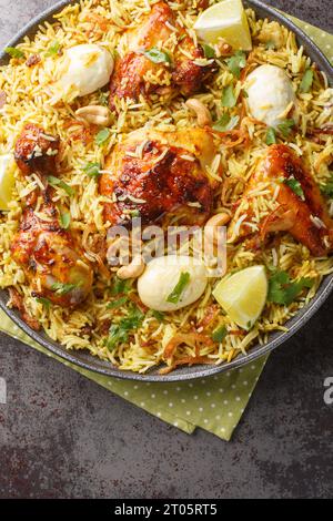 Morog Polao tenero pollo cotto in ghee e aromatizzato con una varietà di spezie, stratificato con riso Basmati aromatico primo piano sul piatto sul tavolo. Foto Stock