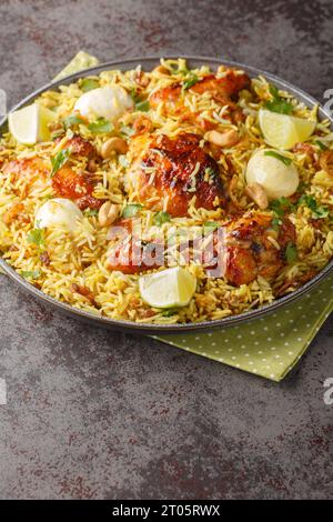 Riso biriyani di pollo piccante con uova a fette in primo piano sul piatto sul tavolo. Verticale Foto Stock