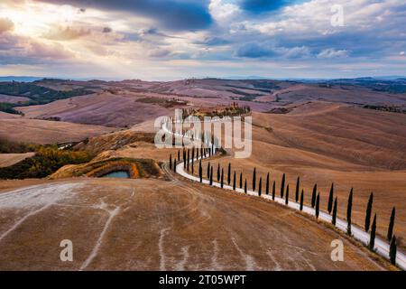 Colline, oliveti e piccoli vigneti sotto i raggi del sole del mattino, Italia, Toscana. Famoso paesaggio toscano con strada curva e cipresso, Italia, Europ Foto Stock