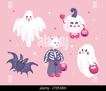 Set di Halloween. Simpatici personaggi dei cartoni animati in colori rosa. Scheletro per bambini, zucca, fantasmi che implorano dolci. Per adesivi, poster, cartoline, disegni Illustrazione Vettoriale