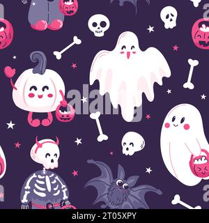 Motivo Halloween senza cuciture. Simpatici personaggi dei cartoni animati in viola. Scheletro per bambini, zucca, fantasmi che implorano dolci. Per lo sfondo, stampa su fa Illustrazione Vettoriale