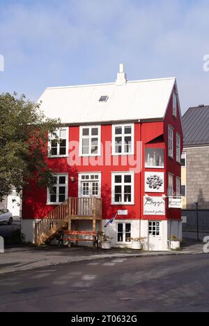 Edifici colorati in una scena di strada, Reykjavik, Islanda Europa Foto Stock