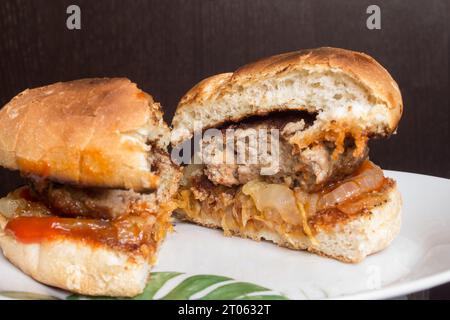 Delizioso hamburger fatto in casa con cipolla e pomodoro su pane rustico, esposto su un piatto bianco su uno sfondo di legno scuro. Chiusura gourmet perfetta Foto Stock