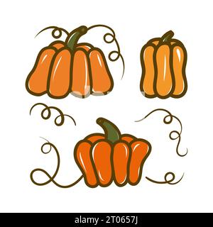 Raccolta di illustrazioni vettoriali di zucca arancione. Illustrazione Vettoriale